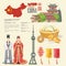 China travel vector illustration with infographic. Chinese set with architecture, food, costumes, traditional symbols. Chinese tex