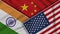China United States of America India Flags Together Fabric Texture Illustration