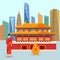 China urban travel concept with Chinese landmarks vector. Pagoda, geisha in red kimono and buddhist monk with morden