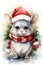 Chinchilla domestic animal with santa claus hat watercolor illustration. Christmas Chinchilla illustration. Vertical format for