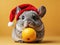 chinchilla with tangerine in a Christmas hat, Merry Christmas card.
