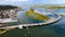 Chincoteague bridge across the Chincoteague Bay in Virginia and views of the waterfront. Drone view