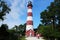 Chincoteague, Virginia U.S - September 21, 2021 - The red and white tower of Assateague Light House