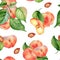 Chines fig peaches and leaves watercolor seamless pattern isolated on white. Whole ripe fruits painting. Flat peach on