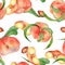 Chines fig peaches and leaves watercolor seamless pattern isolated on white. Whole ripe fruits painting. Flat peach hand