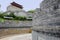 Chinese ancient defensive wall with gate tower on mountaintop