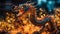 Chinese Asia dragon flying from fire image. Bokeh blurry background.