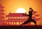 Chinese Boxing Kung Fu martial art famous sport,monk Train to fight,around with Chinese temple,sunset silhouette design