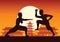 Chinese Boxing Kung Fu martial art famous sport,monk Train to fight,around with Chinese temple,sunset silhouette design