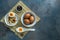 Chinese breakfast with rice porrige and tea eggs, place for text