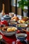 Chinese breakfast scene with a vibrant red table adorned with bowls of food and chopsticks