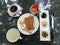 Chinese breakfast on a table in a hotel garden in Xiamen city, China