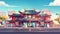 A Chinese building with a red lantern on a city street cartoon modern background. Traditional Asian architecture