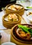 Chinese Cantonese dimsum meal served in bamboo steamer