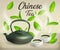 Chinese cast iron teapot and 2 cups for the tea ceremony, vector illustration..
