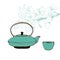 Chinese cast iron teapot and small tea cup with cherry tree flower, vector illustration