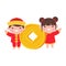 Chinese children wear red national costumes with golden yuan
