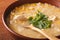 Chinese corn and chicken soup in a bowl close-up. horizontal