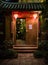 Chinese courtyard door in night