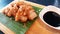 Chinese Crispy Pork sweet sauce recipe banana leaf wooden plate