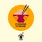 Chinese cuisine logo. Asian food emblem. A bowl in the hands with noodles and chopsticks