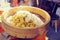 Chinese cuisine Shumai, hot and steamy dim sim or steamed Chinese dumplings were set in steamer basket. Pork Dumpling