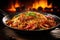 chinese cuisine. Stir-fried noodles with pork and vegetables in wok, Experience a flaming spice sensation with sizzling stir-fried