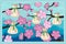 Chinese cuisine wonton banner concept. China national steamed dim sum on plum or peach tree branches with bloom flowers