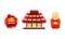 Chinese Culture Symbols with Pagoda Temple and Buddhist Monk Vector Set