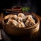 Chinese dim sum, bamboo steamer open, featuring a variety of dumplings, chopsticks. Dumplings in bamboo basket. Dim Sum on the