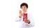 A Chinese doctor holding a red envelope in front of a white background said he would not accept it.The Chinese character on the re