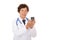 Chinese doctors in white coats holding mobile phones showing medical-related information