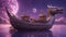 chinese dragon on the boat A fantasy boat with magical navigation, flying on a purple sky above a crystal lake with purple m