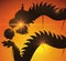 Chinese dragon costume silhouette performing its dance in a sunset, Vector Illustration