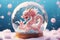 Chinese dragon inside a glass snowball. Statuette of a dragon, 2024 New Year symbol. Chinese New Year, Christmas, winter holidays