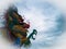 Chinese dragon statue faces on sky background