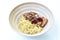 Chinese egg noodles roasted chicken dressing Teriyaki Japanese sauce on bowl