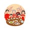 Chinese family celebrate Lunar new year together. Happy family dinner at table decorated with cherry tree.