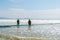 Chinese fishermen pulling the fishnet at the sea in Xitou Yangjiang, Guangdong, China