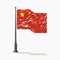 Chinese flag with scratches, vector flag of China, waving China flag on flagpole with shadow.