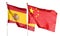 Chinese flag and Spanish flag on cloudy sky. waving in the sky