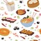 Chinese food pattern. chow Mein, sweet and sour chicken, spring rolls, dim sum, wonton, minimalistic flat cartoon