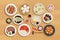 Chinese food on top view wooden background