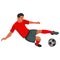 Chinese football player in a sports uniform jumps to hit the ball