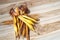 Chinese Ginger root, Galingale on wooden background, top view