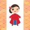 Chinese girl in national costume and hat. Cartoon children in traditional China dress. scales simple pattern background with