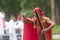 Chinese god Guan Yu spiritual medium pray for god during vegetable festival in Trang, Thailand