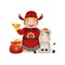 Chinese God of wealth with cute cow. Year of the Ox 2021. Gold coin as symbol of prosperity.