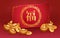 Chinese golden ingots, traditional money coin and red envelope with Chinese letter - good fortune