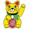 Chinese good fortune and luck cat in gold red and green symbolizing wealthy life and good fortune